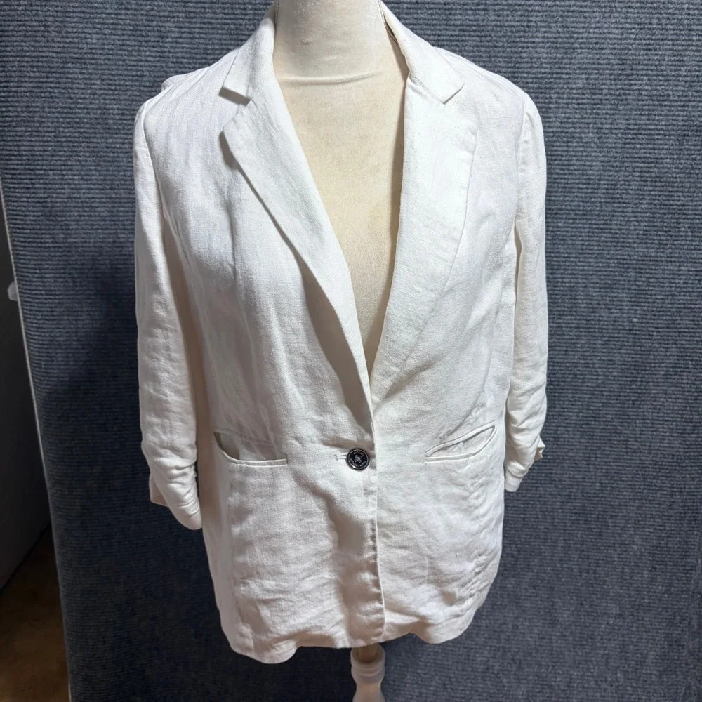 Michael‎ Kors White Linen Ruched 3/4 Sleeve Button Blazer Jacket Business